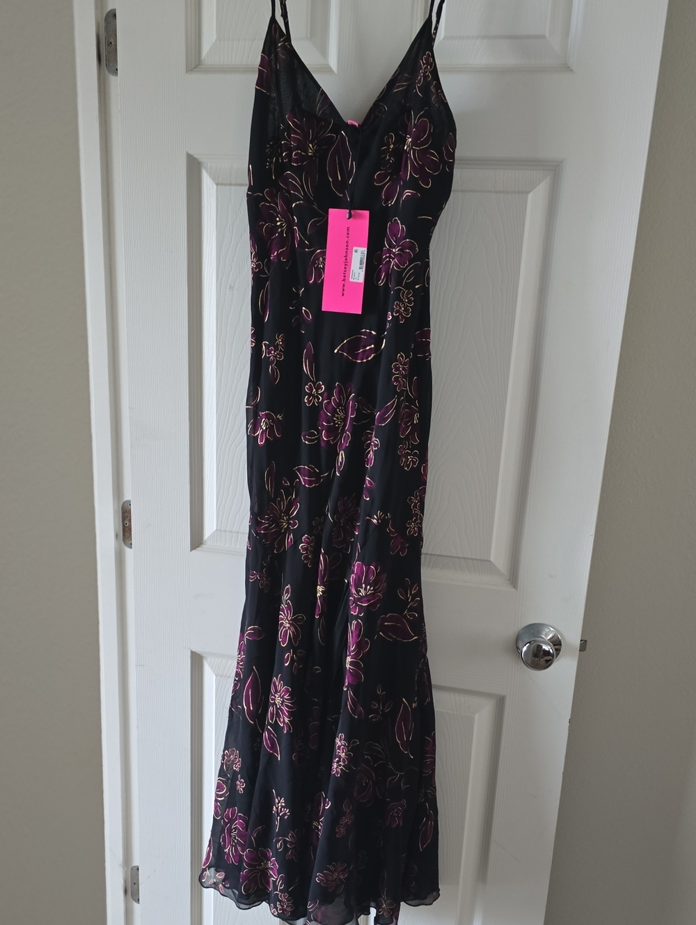 Betsey Johnson Black Dress with Magenta Floral & Gold Trim
